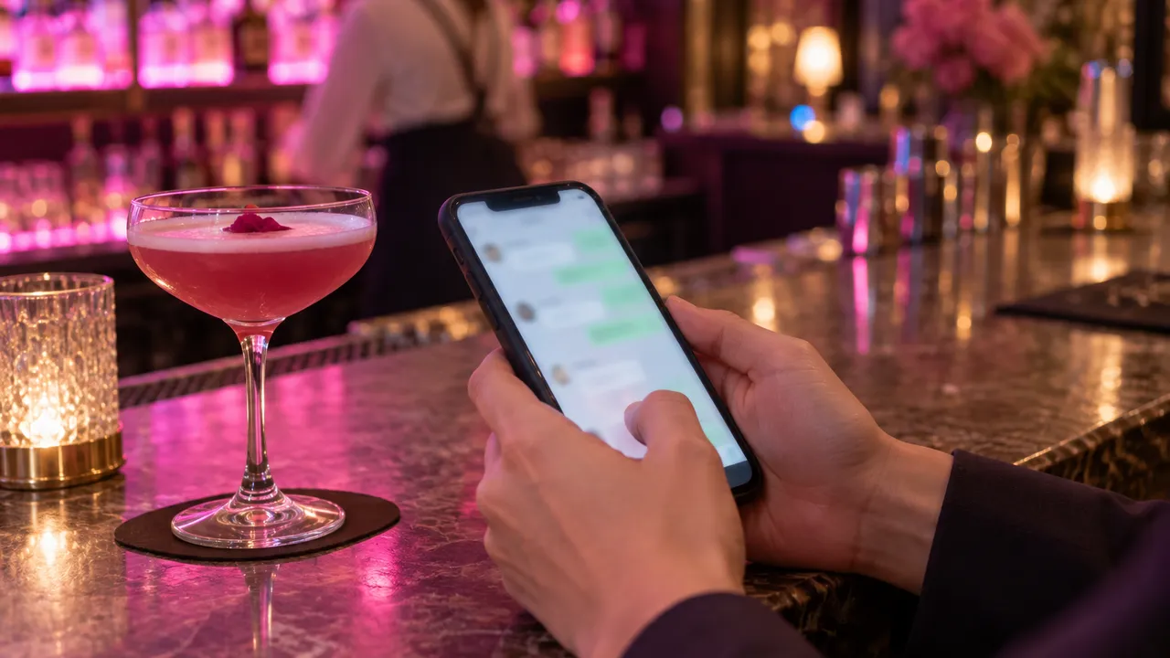 宵の店のカウンターの端で、スマートフォンのメッセージ画面を操作する手元。横にカクテルグラス