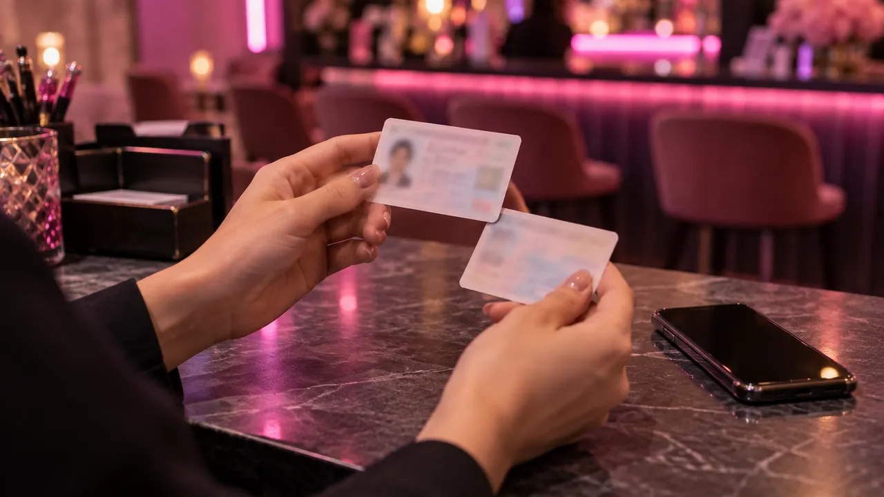 宵の店内で、カード型の身分証を手に取って表と裏を確かめる手元