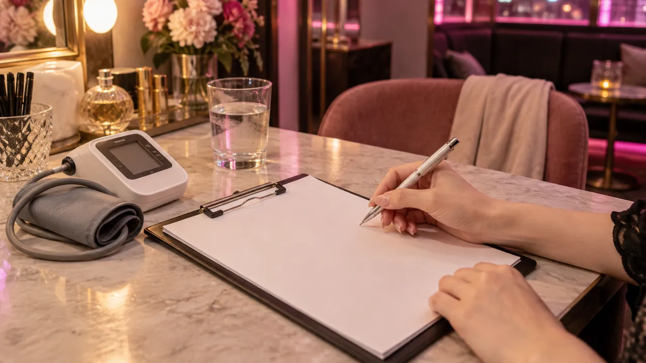 開店前の控室のテーブルで、クリップボードの書類にペンで記入する手元。横に血圧計と水の入ったグラス
