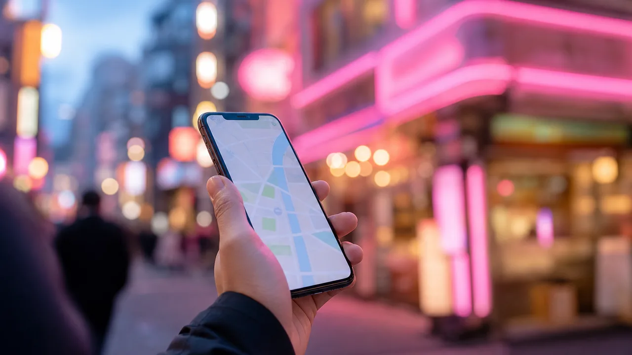 宵の繁華街でスマートフォンの地図を確認する手元