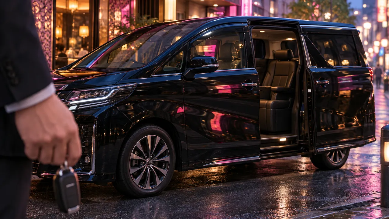 夜の繁華街の店の前に停めた黒いワンボックス車の横で、車のキーを持つ手元