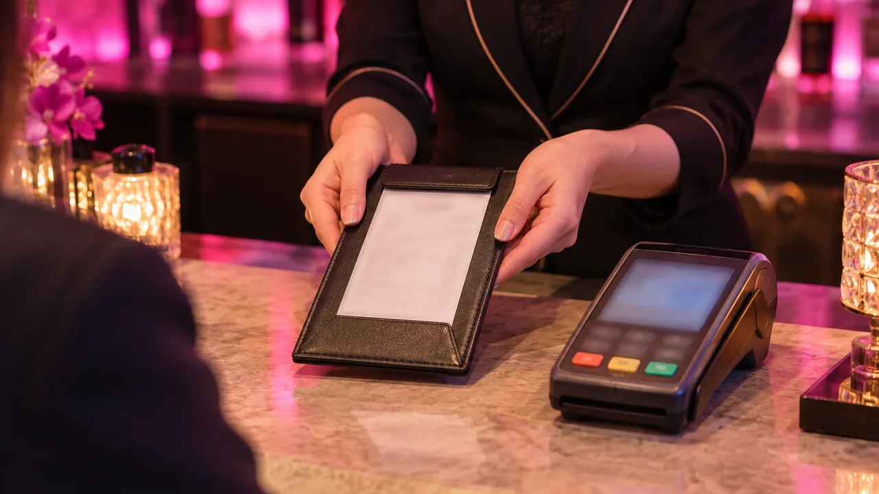 宵の店の会計カウンターで、伝票ホルダーを客に向けて見せる手元と、カード決済端末