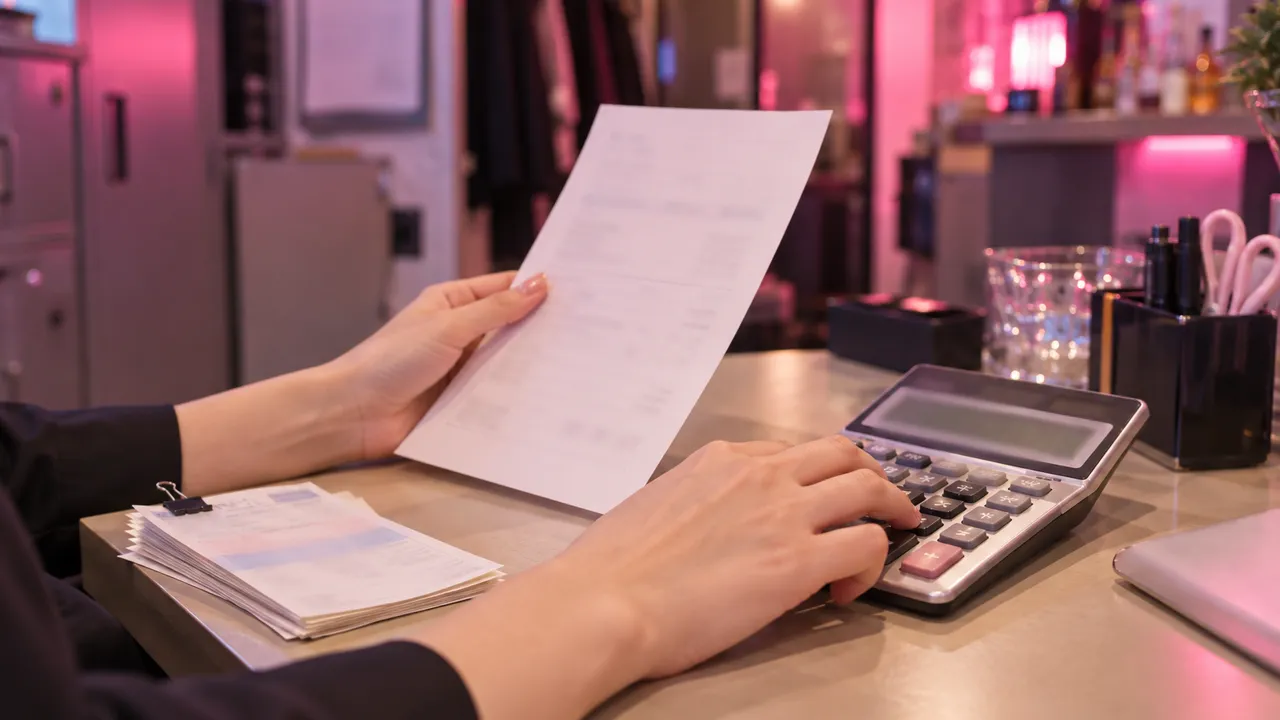 閉店後のバックヤードで、給与明細を手に電卓を打つ手元。横にタイムカードの束