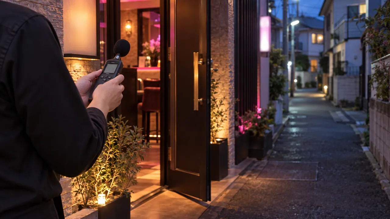 宵の店の入口の外で、住宅の並ぶ路地を背に騒音計を構えるスタッフの手元