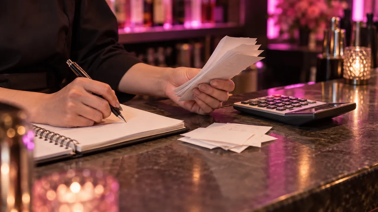 閉店後のカウンターで、伝票の束とノートを見比べながらペンで書き込む手元。横に電卓
