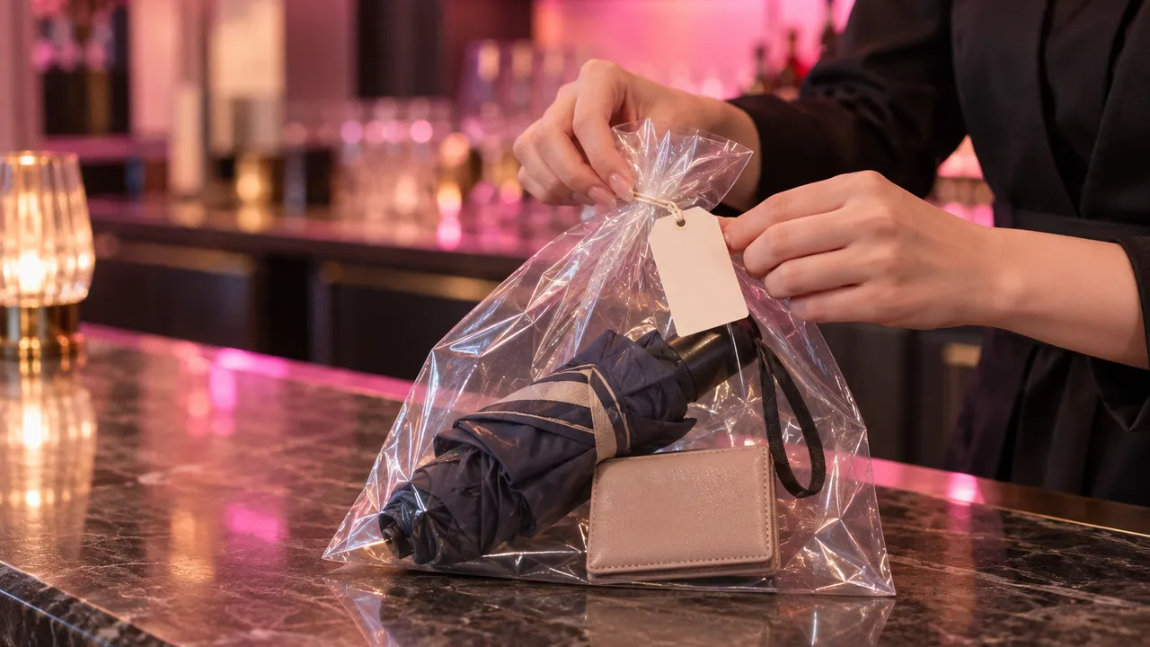 閉店後のカウンターで、客の忘れ物の折りたたみ傘とカードケースを透明な袋に入れ、タグを付ける手元